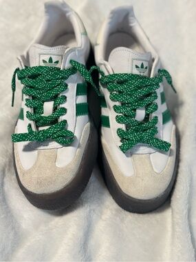 adidas White Sneakers with Green Heel Tab